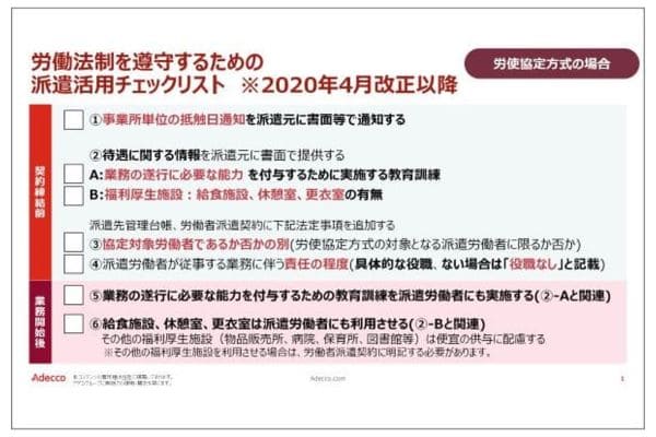 労働法制を遵守するための派遣活用チェックリストの画像イメージ